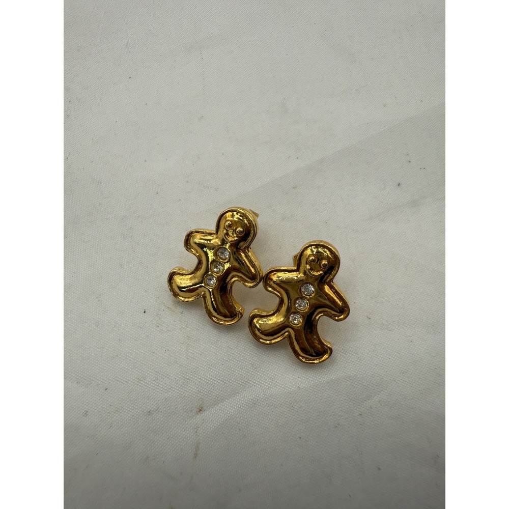 Avon Gold Gingerbread Man Stud Earrings‎ Rhinestone Embellished Cute Whimsical